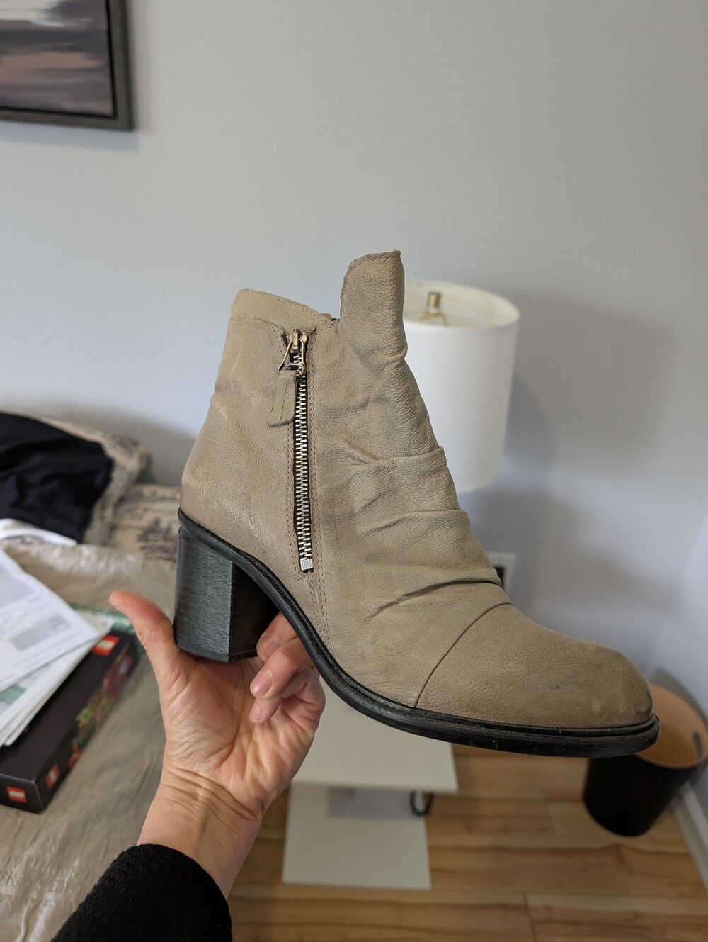 Miz Mooz Taupe Suede Side-Zip Block Heel Ankle Boot